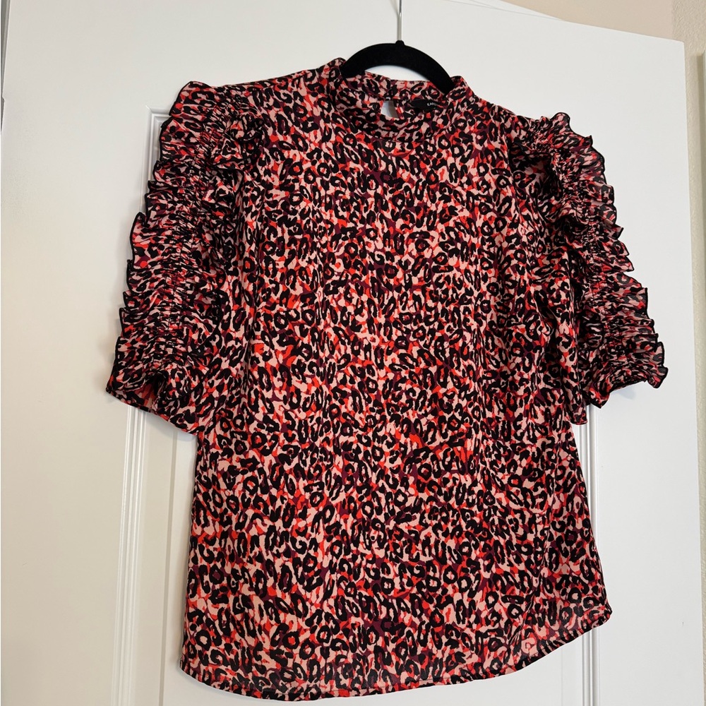 Karen Millen Red and Black Leopard Print Puff Sleeve Blouse